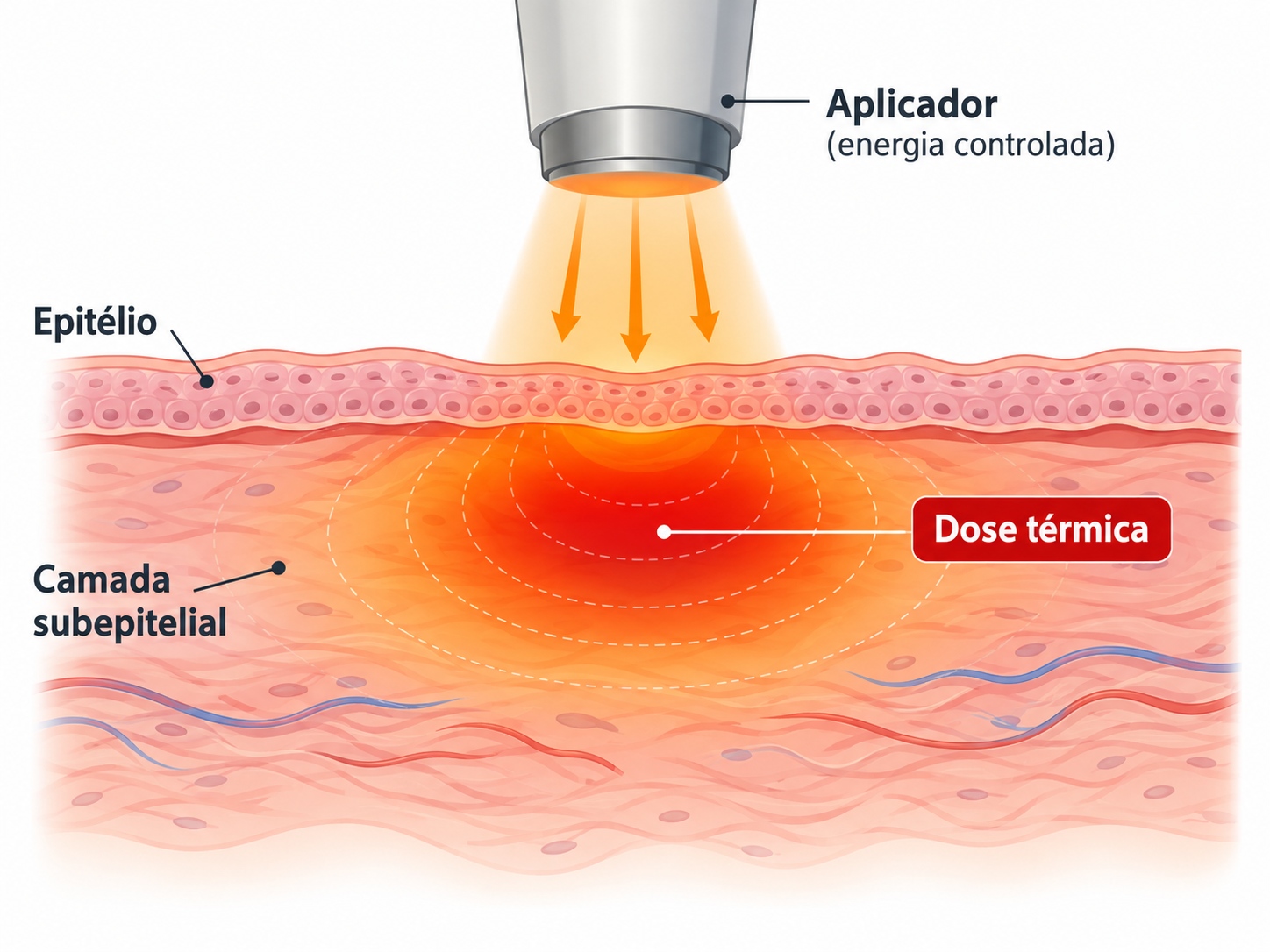 Ilustração de ginecologia regenerativa mostrando aplicador de energia liberando dose térmica controlada na camada subepitelial da mucosa, preservando o epitélio.