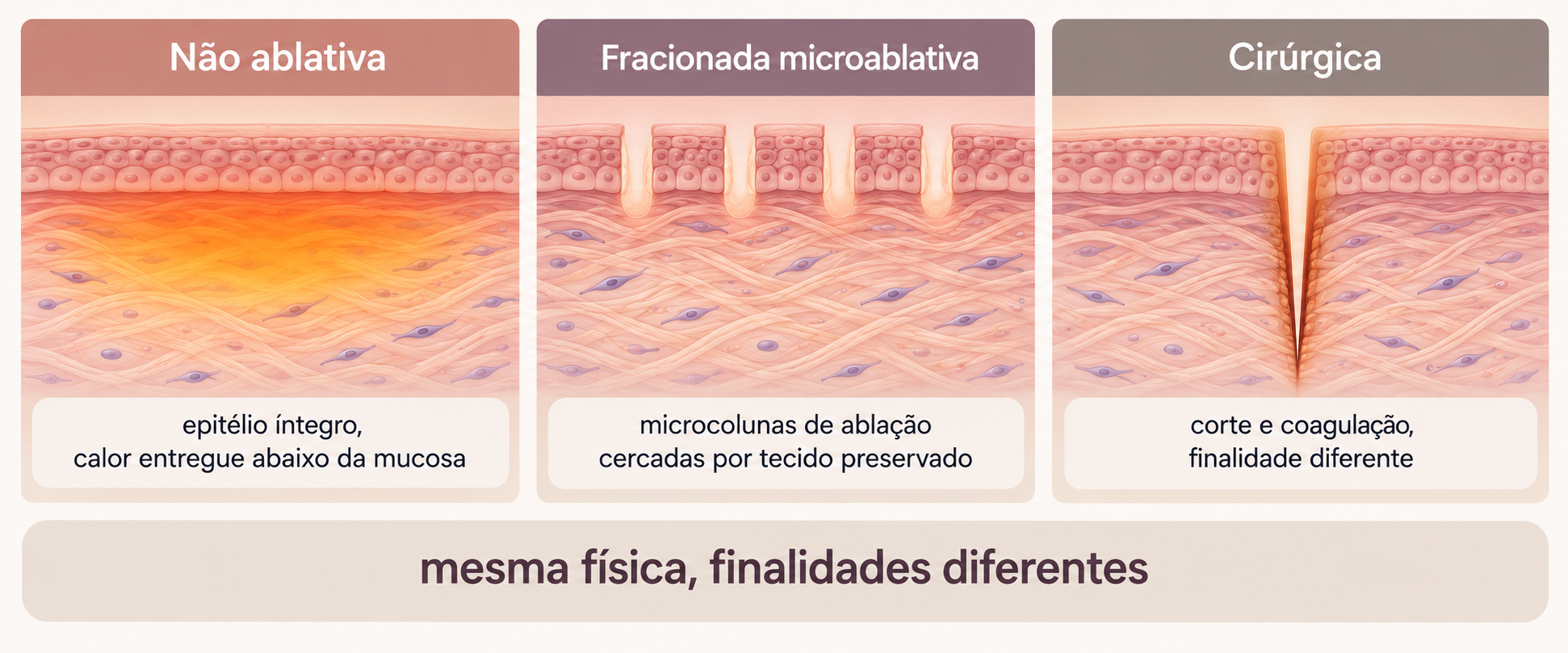 Diagrama comparando radiofrequência não ablativa, fracionada microablativa e cirúrgica em corte esquemático de tecido