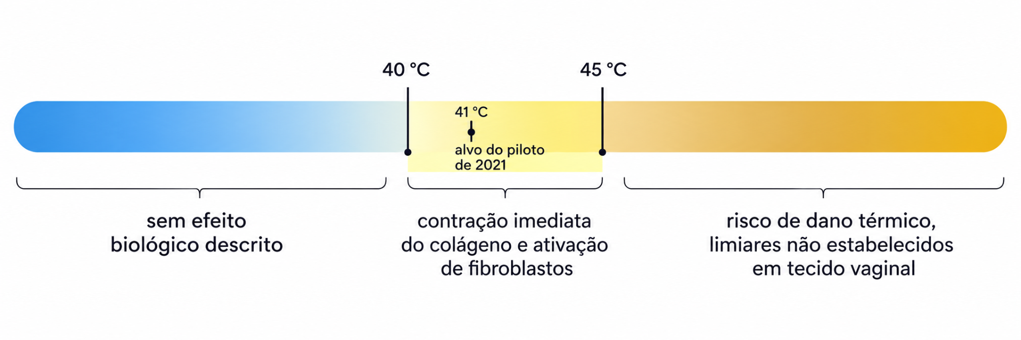 Escala de temperatura com a faixa terapêutica de 40 a 45 graus destacada e marcador de 41 graus do estudo piloto de 2021